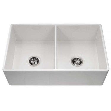 Houzer Platus 33 inch White Fireclay Apron Front Farmhouse 50/50 Double Bowl Kitchen Sink with Strainer & Grids